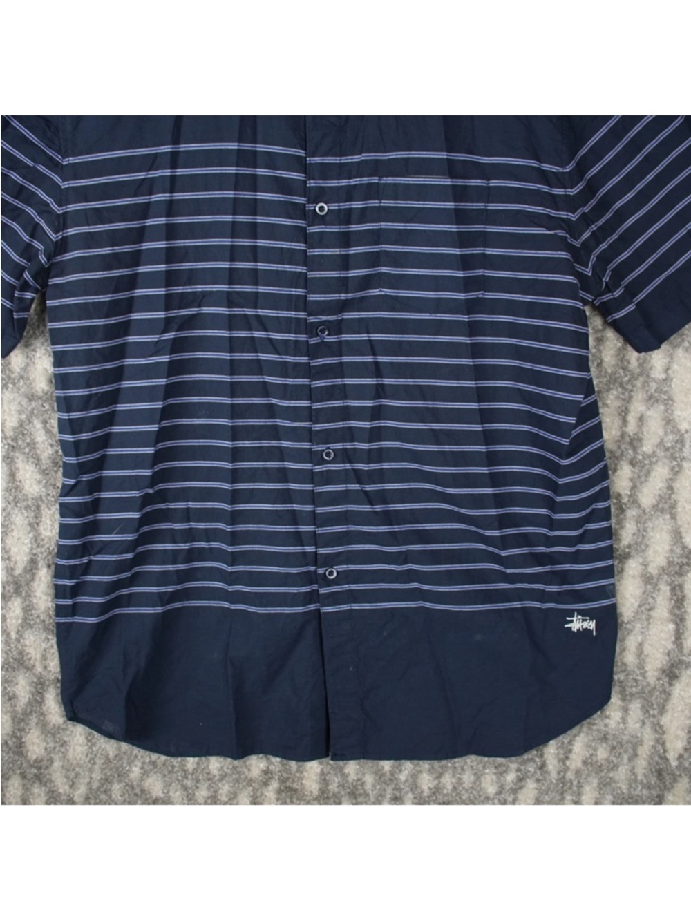 Stussy Short Sleeve Button Up Shirt Mens X-Large Navy Blue Striped Logo Street - Picture 6 of 13